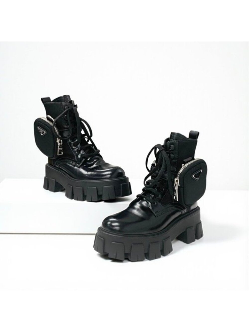 Prada Monolith Boots Short Shoes Leather Nylon Black With Pouch Triangle